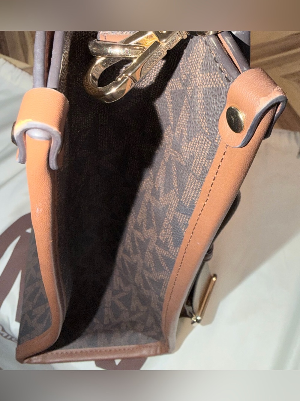 Michael Kors Brown MK Signature Messenger Tote with Tan Trim - Picture 10 of 13